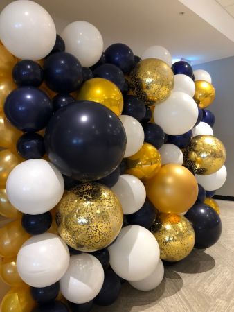 Gold, Navy & White Bubble Wall $600 inc1 White Plinth Hire