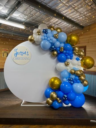 Organic Garland, Mesh Wall Hire & Sign to Keep or Decal on the Wall (Blues, White & Gold) $585 inc 1 White Plinth Hire