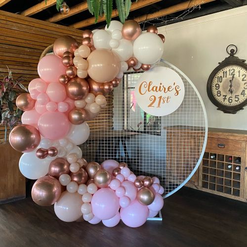 Organic Garland, Mesh Wall Hire & Sign to Keep (PInk, Cameo, White & R R Gold) $520 inc 1 White Plinth Hire