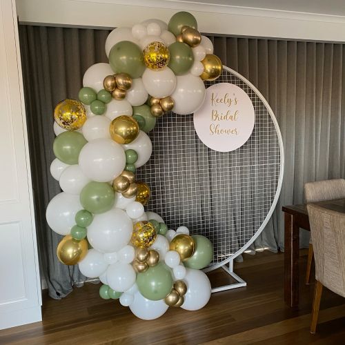 Organic Garland, Mesh Wall Hire & Sign to Keep (Green, White & Gold) $480 inc 1 White Plinth Hire