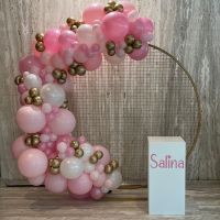 Organic Garland & Mesh Wall Hire (Pink, Gold & White) $380 inc 1 White Plinth Hire plus $35 for Personalisation