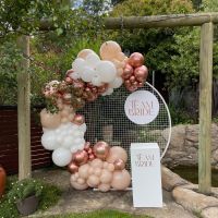 Organic Garland & Mesh Wall Hire (Natural, Rose Gold & White) $480 inc 1 White Plinth Hire plus $35 for Personalisation
