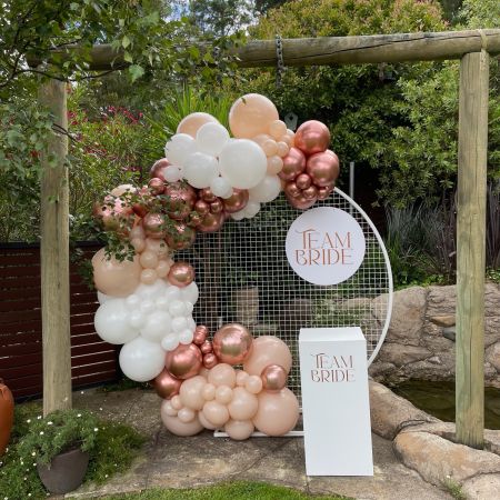 Organic Garland & Mesh Wall Hire (Cameo, Rose Gold & White) $555 inc 1 White Personalised Plinth Hire