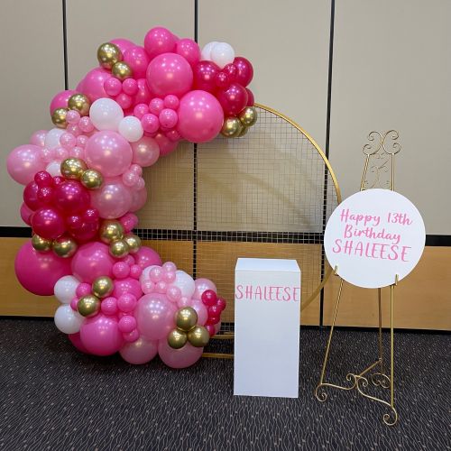 Organic Garland, Mesh Wall Hire & Sign to Keep (P PInk, S Fuchsia, P Magenta, White & C Gold) $565 inc 1 White Plinth & Easel Hire