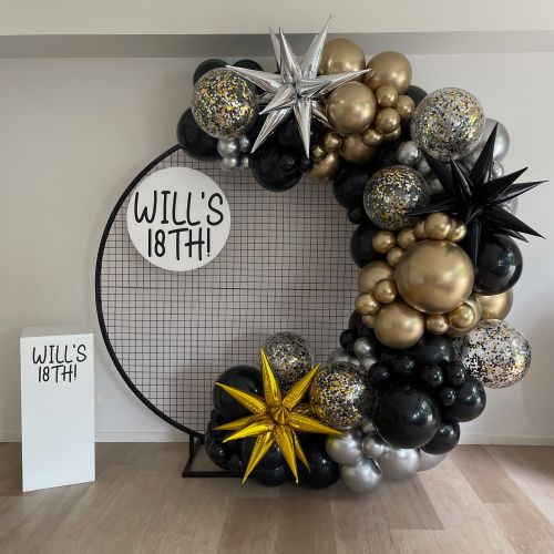 Organic Garland, Mesh Wall Hire & Sign to Keep (Black, R Silver & c Gold) $585 inc 1 White Personalised Plinth Hire