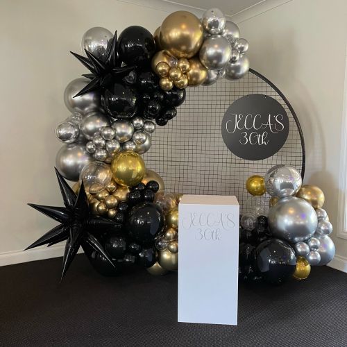 Organic Garland, Mesh Wall Hire & BLACK Sign to Keep (Black, R Silver & C Gold) $630 inc 1 White Personalised Plinth Hire