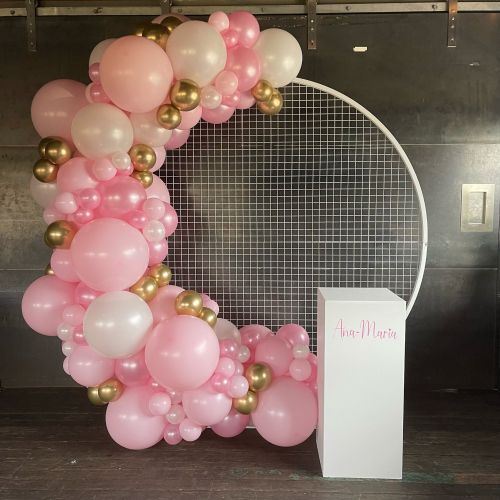 Organic Garland & Mesh Wall Hire (Pink, White & C Gold) $435 inc 1 Personalised White Plinth Hire