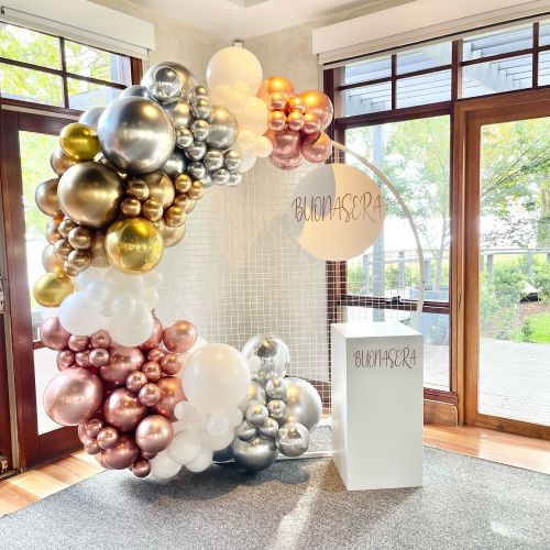 Organic Garland, Mesh Wall Hire & Sign to Keep (White, Rose Gold, Silver & Gold Reflex) $575 inc 1 White Personalised Plinth Hire