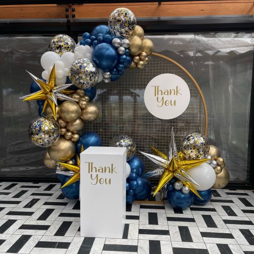 Organic Garland, Mesh Wall Hire & Sign to Keep (Navy, White, Silver & C Gold) $650 inc 1 White Personalised Plinth Hire