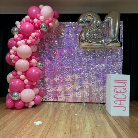 SHIMMER WALL, PERSONALISED PLINTH HIRE, GARLAND AND 2 NUMBERS $875